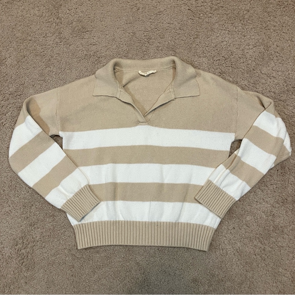 3 for $30 🎁 BRIT NY Women’s Sweater Collared Beige White Striped Knit Preppy